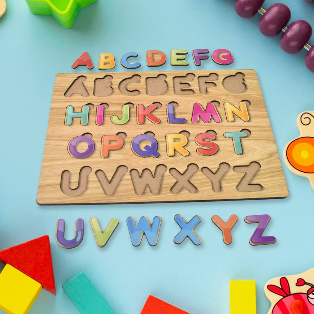 Educational wooden puzzle with individual alphabet letters and geometric shapes.