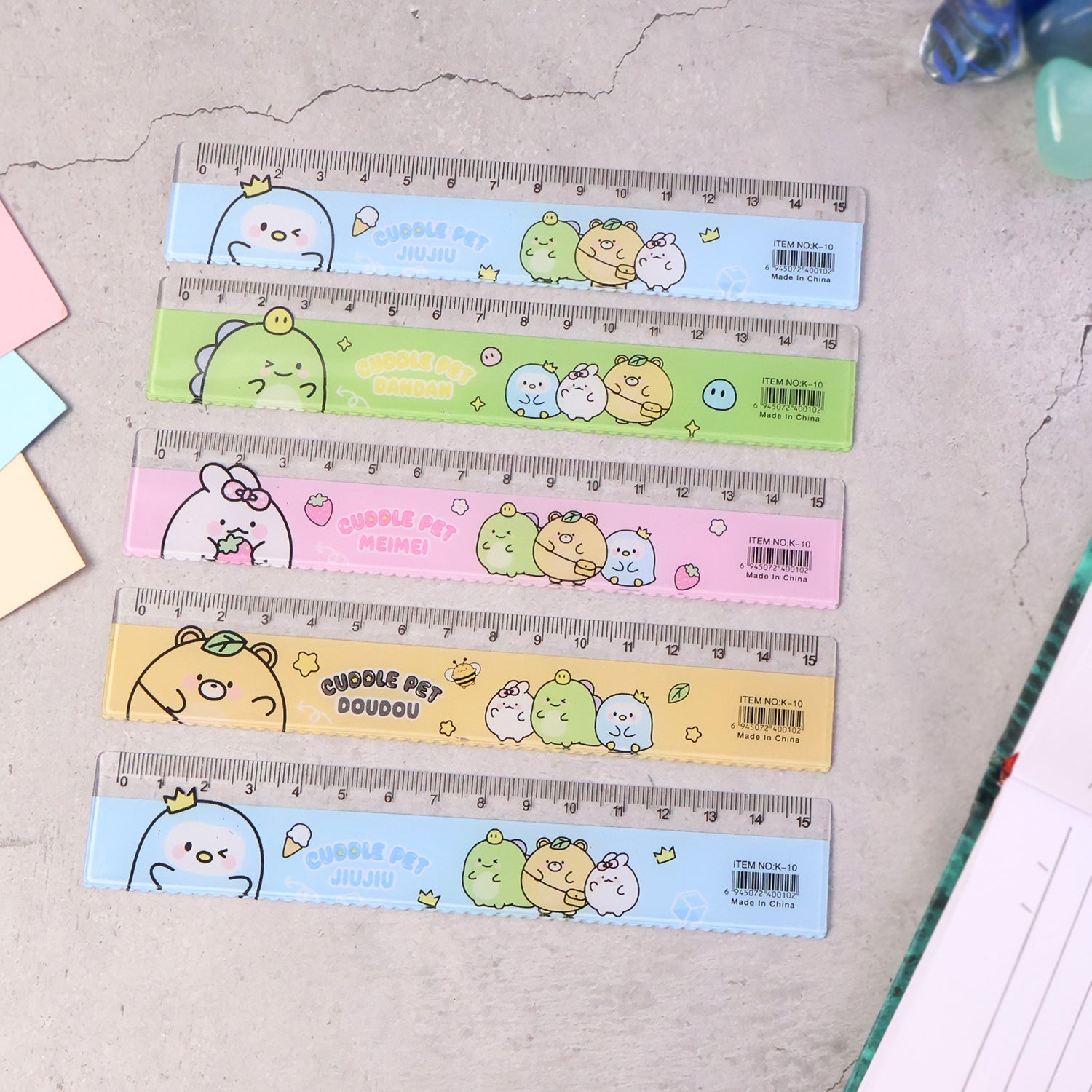 Pack of five plastic rulers with cartoon designs for kids