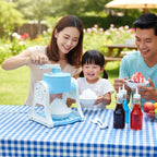 Hand operated manual ice gola maker showing handle and blue plastic body