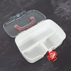 Close-up of the transparent lid of the medicine storage box, allowing visibility of contents inside.