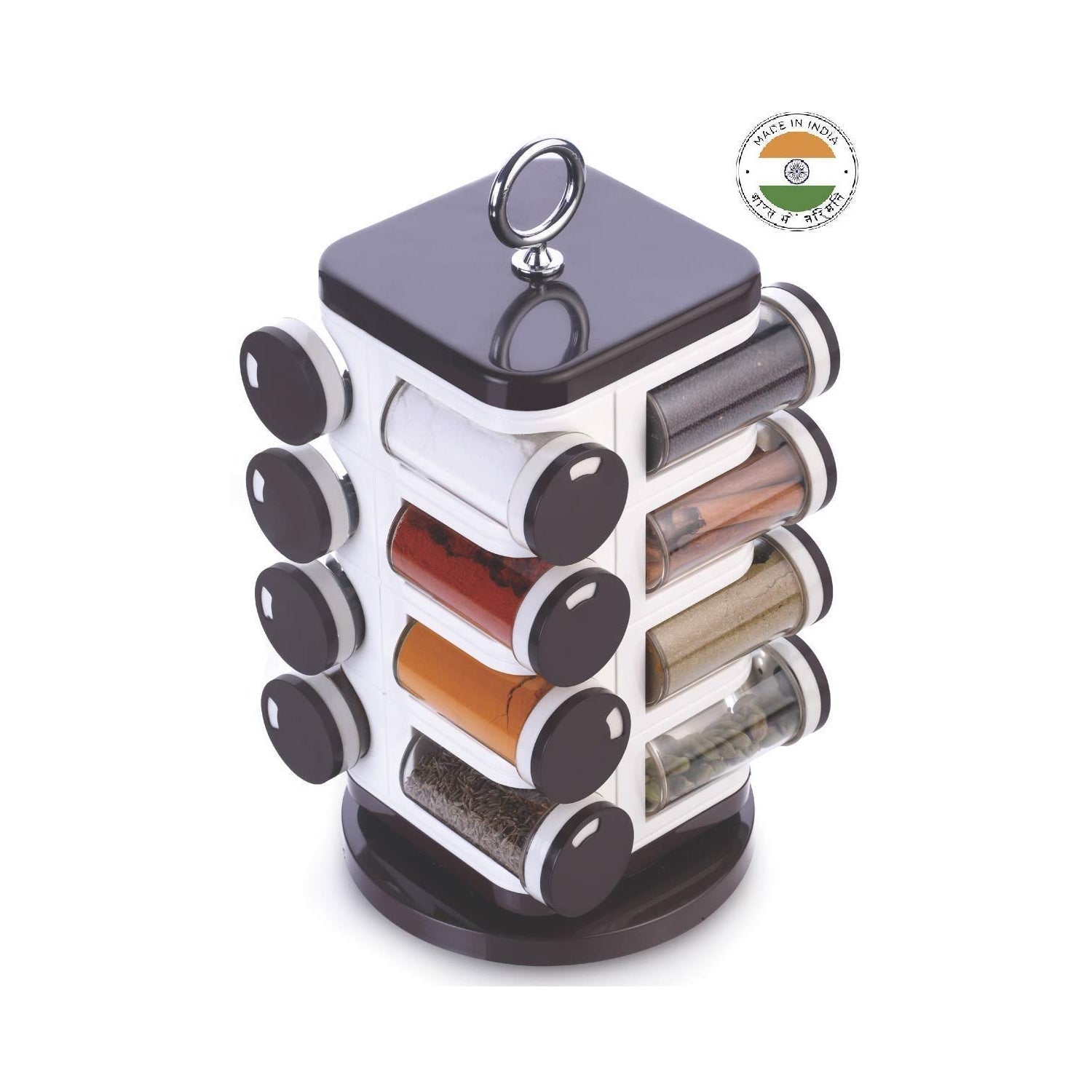 Close-up of Ganesh revolving spice rack showing individual 100ml dispensers.