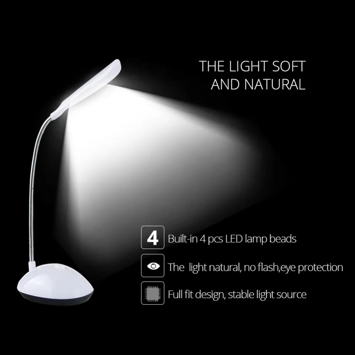Portable LED desk light with intuitive touch controls on its base.