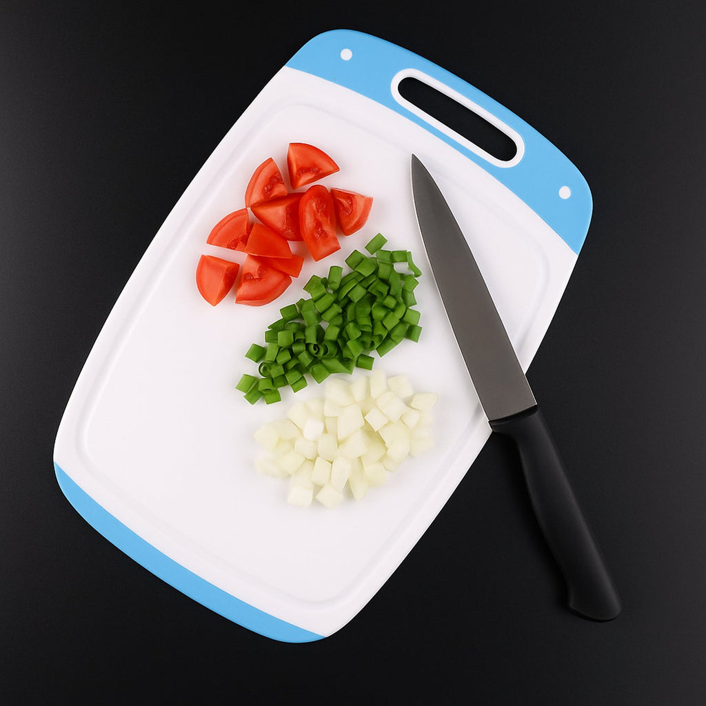 Hygienic plastic cutting board in use, perfect for slicing fruits and vegetables.