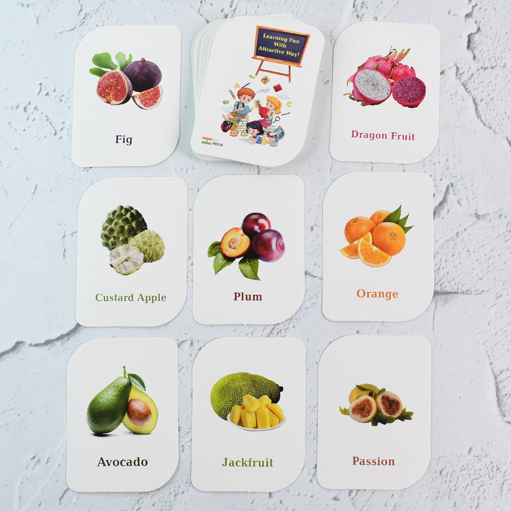 Flashcards arranged on table showing bright and realistic fruit images