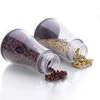 Plastic spice jars with rotating lids including compact stand