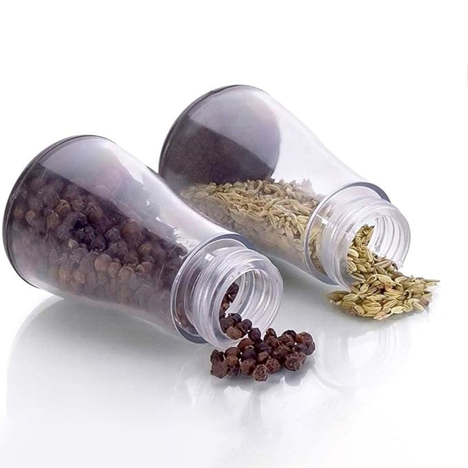 Plastic spice jars with rotating lids including compact stand