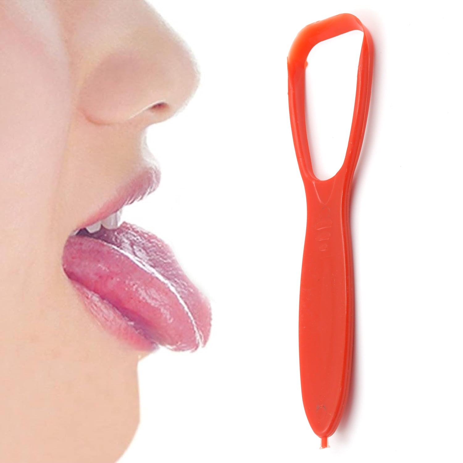 Durable plastic tongue scraper, highlighted as safe for dishwasher cleaning.