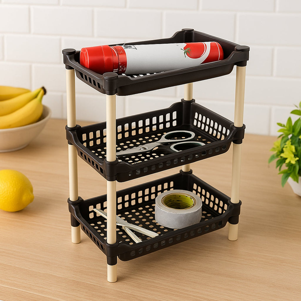 3-Tier Plastic Storage Rack placed on countertop with organized items