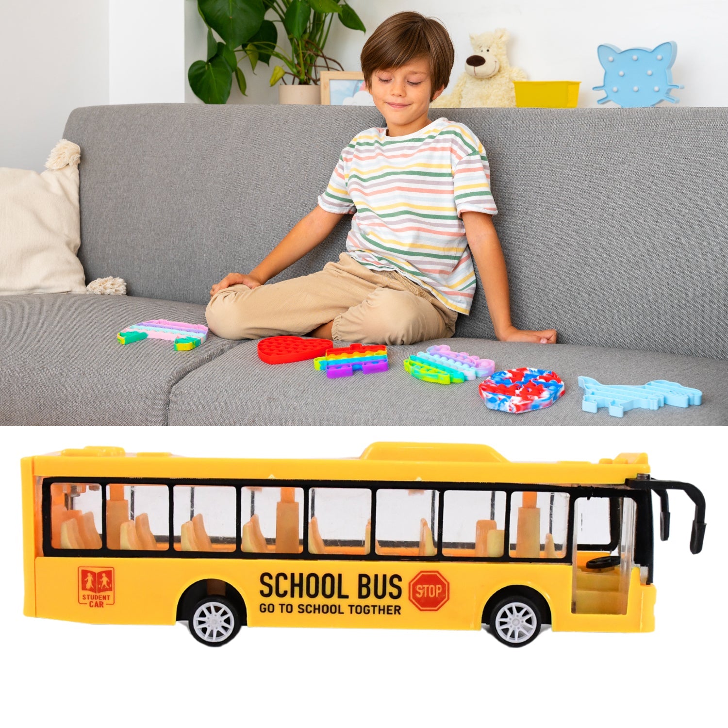 Yellow mini bus toy in motion, ideal for imaginative play