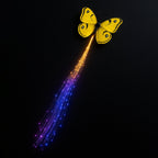 LED butterfly hair braid clip glowing in party light with fiber optic strands