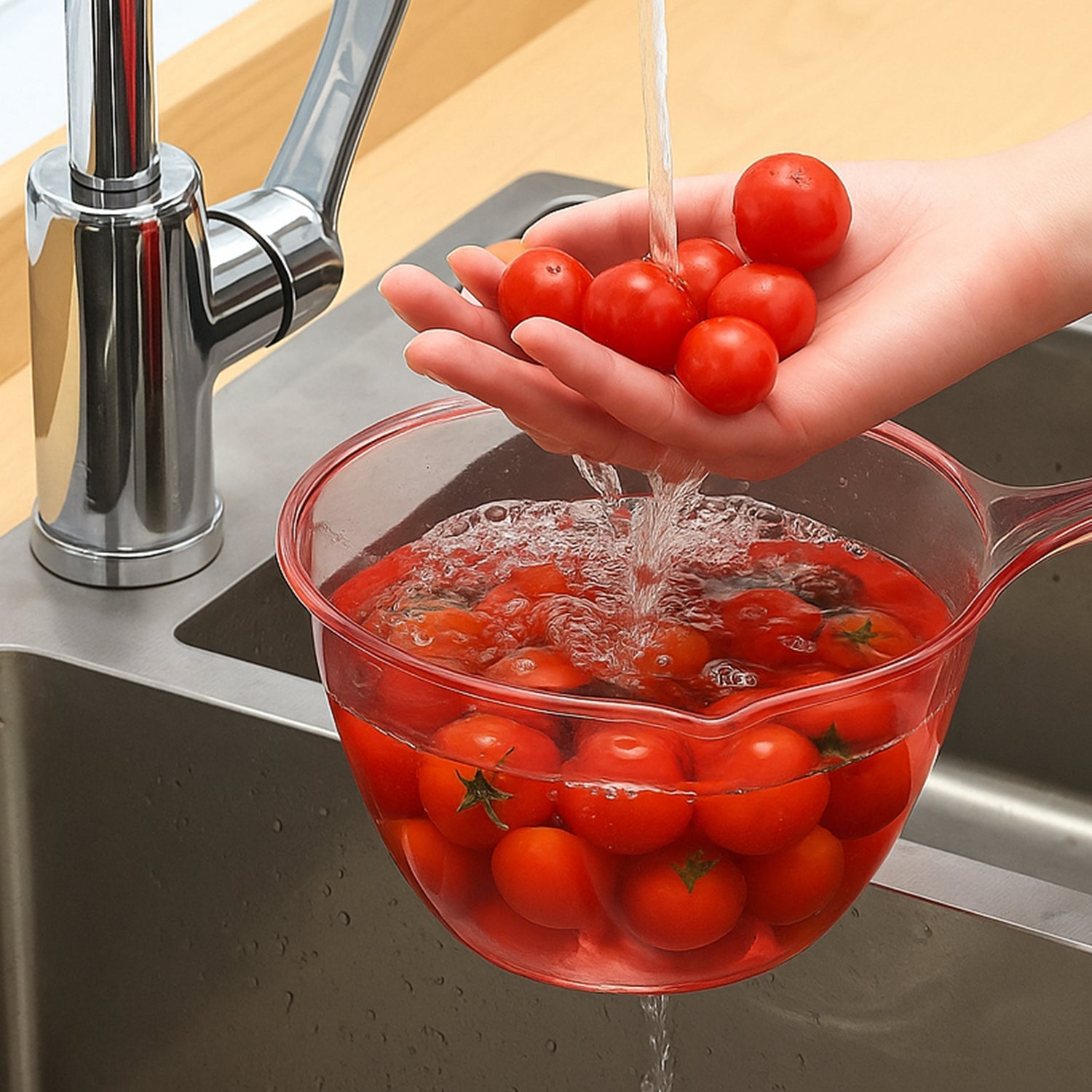 Clear plastic utility bowl used in home kitchen for washing