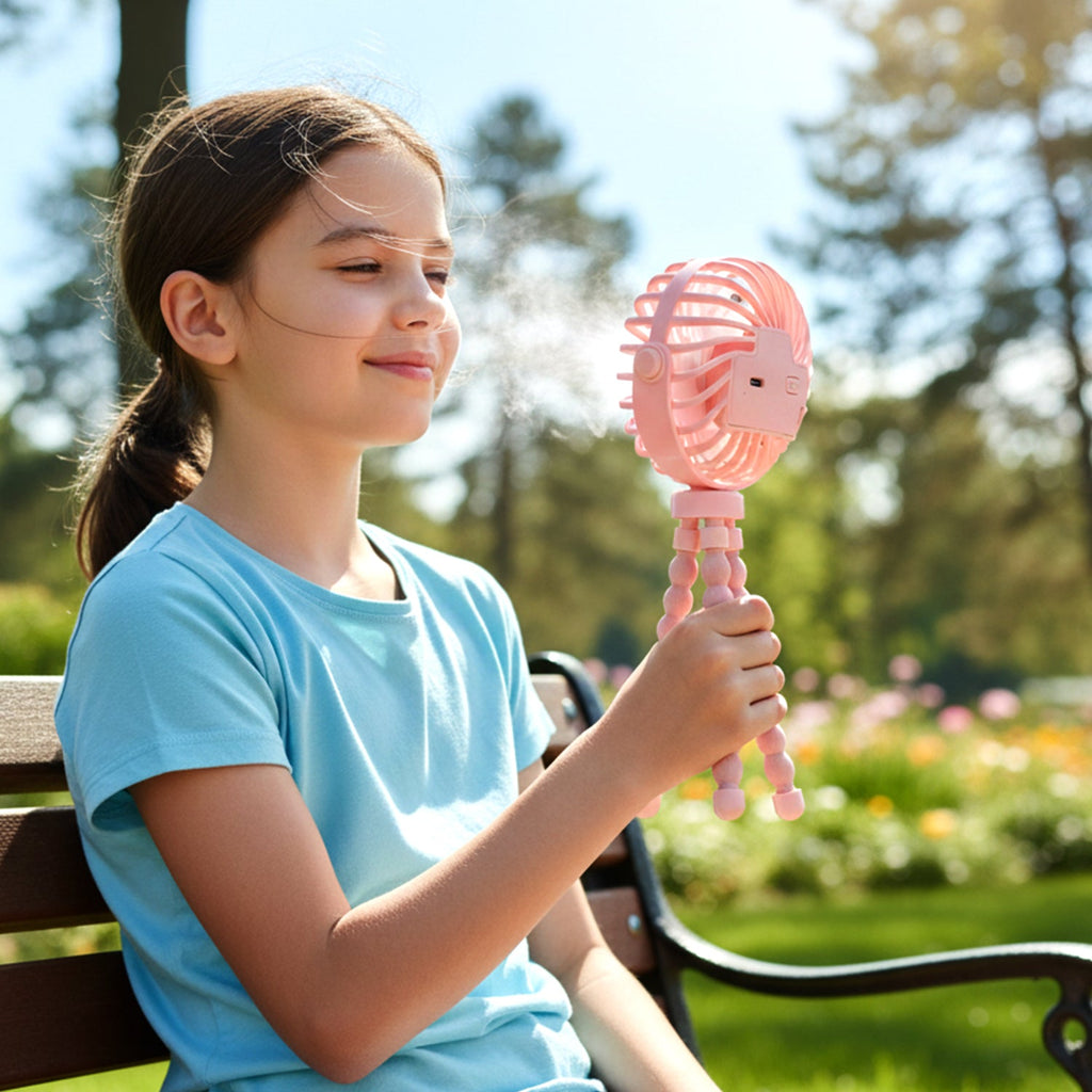 Rechargeable desk fan showing adjustable head and multiple fan speeds