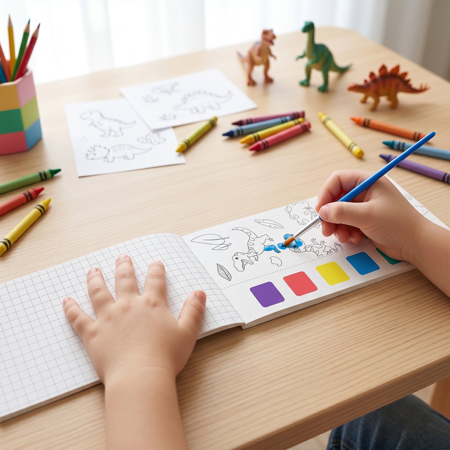 Kids watercolour art set with vibrant dinosaur pages