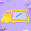 A child's hand drawing on a bus-shaped Kids Drawing Board with the included pen.