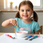 Children eating utensils with unicorn handles for safe feeding