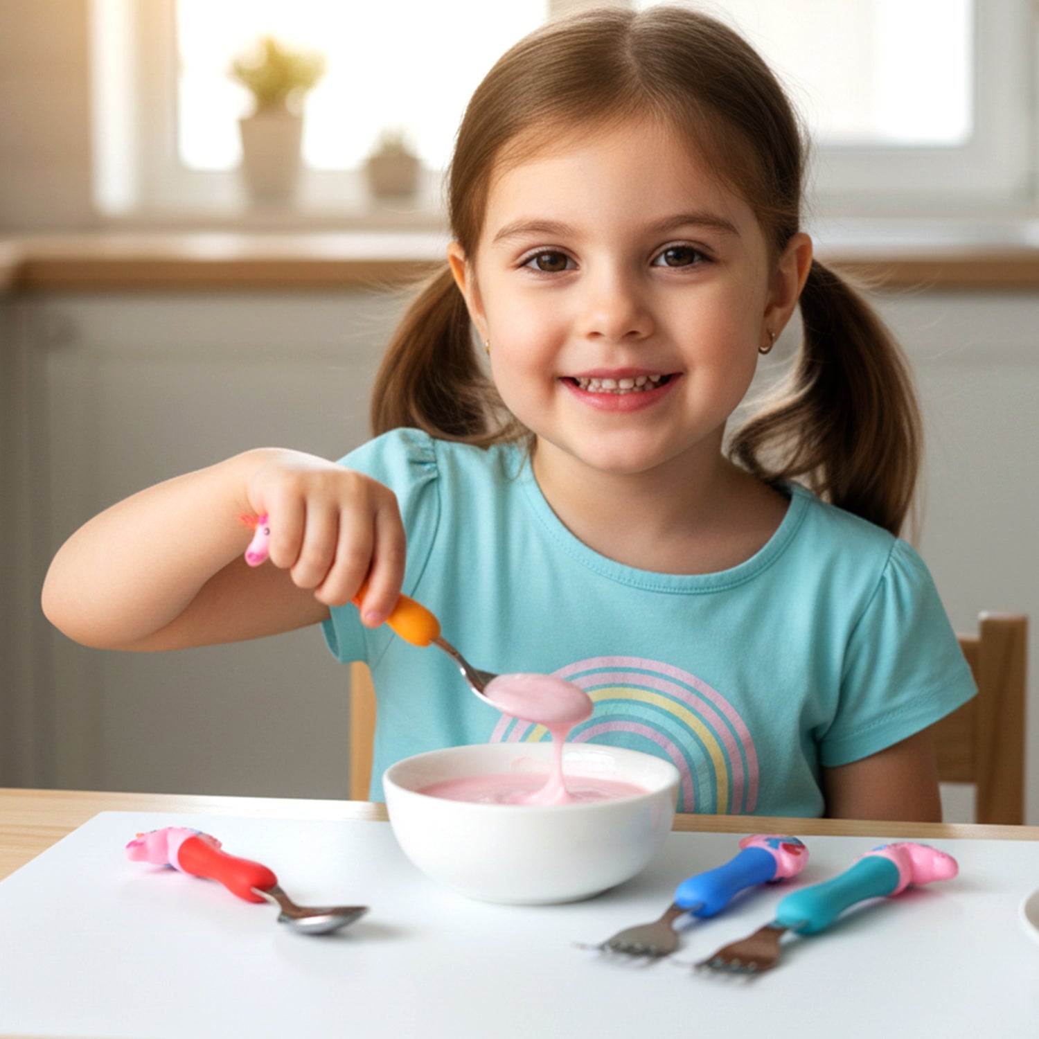 Children eating utensils with unicorn handles for safe feeding