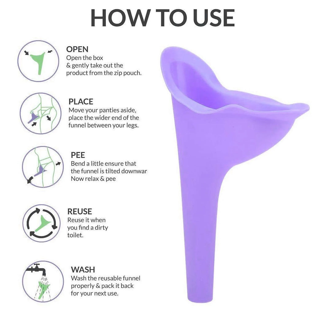 Woman using a Stand & Pee funnel discreetly in an outdoor setting