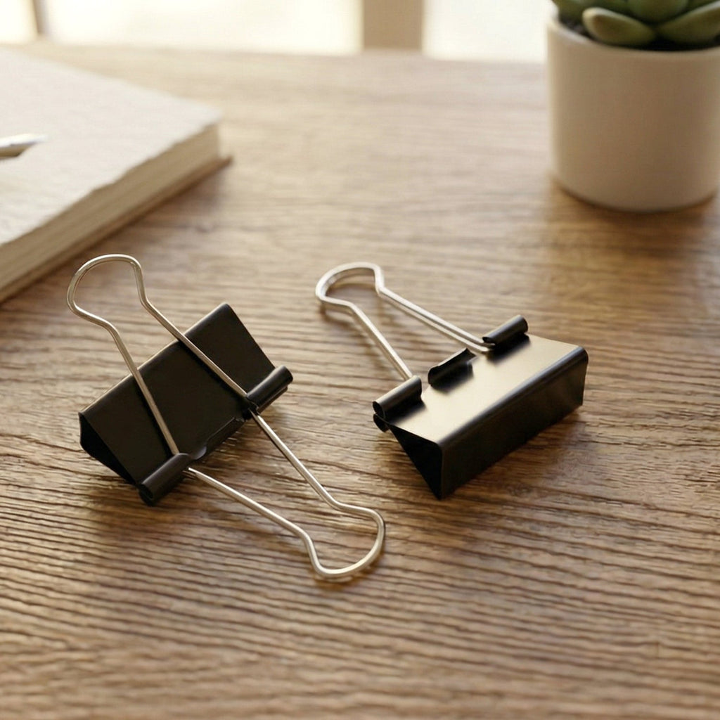 Durable black-coated metal binder clips 32mm with silver handles