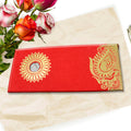Stack of vibrant multicolor wedding gift envelopes with intricate patterns.