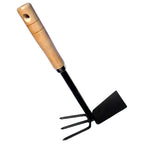 Angled view of the versatile double hoe, featuring its sturdy wooden handle and sharp blades.