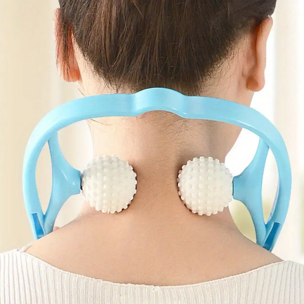 Lifestyle image of a user enjoying the soothing Portable Neck & Shoulder Massager.