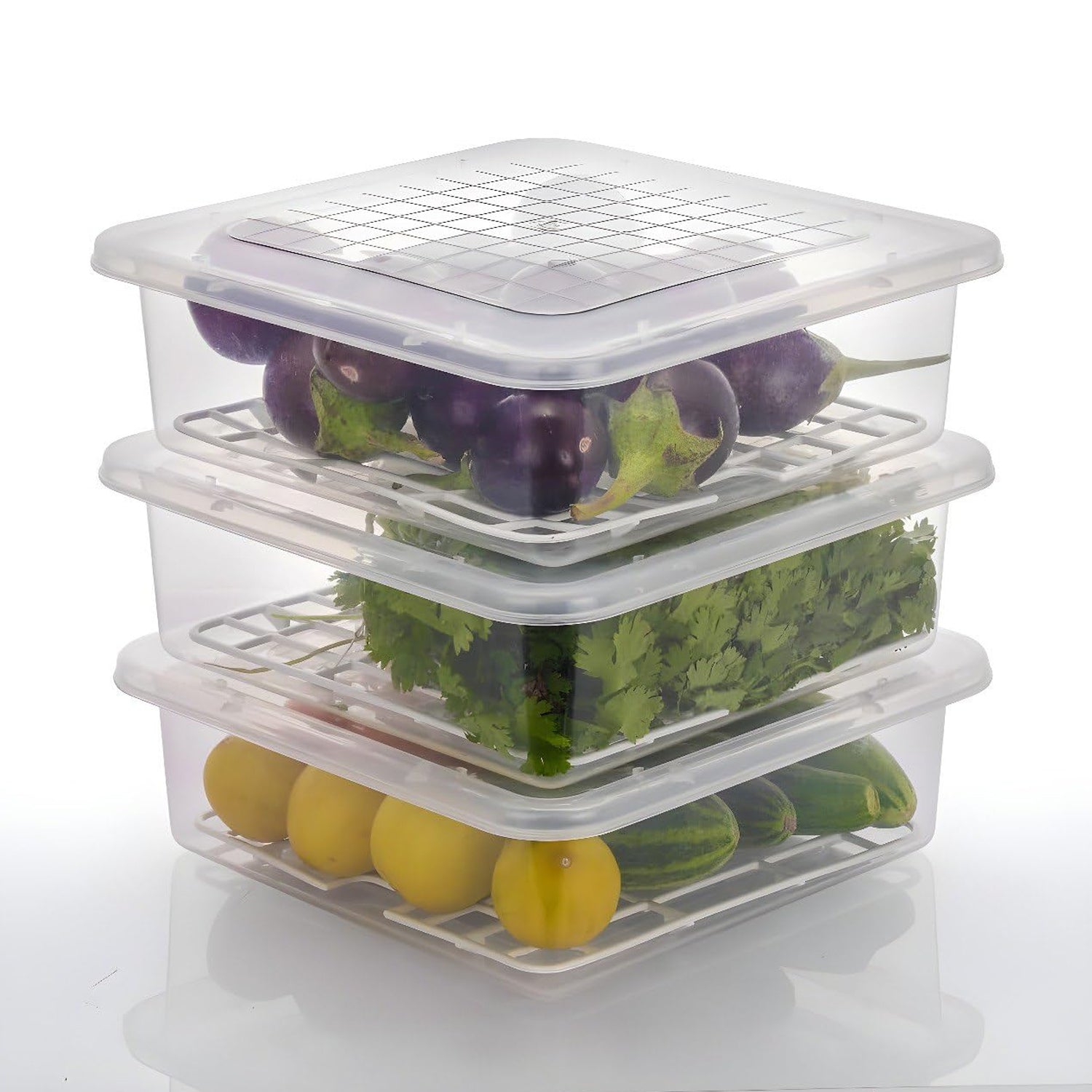 Plastic food storage container with removable drain tray and lid from Organivo