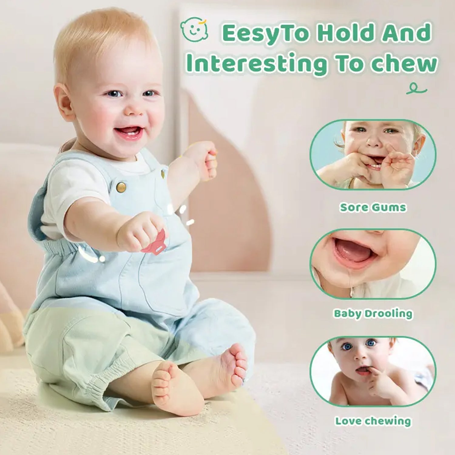 Hand holding a blue BPA-free silicone baby teether, highlighting its ergonomic design.