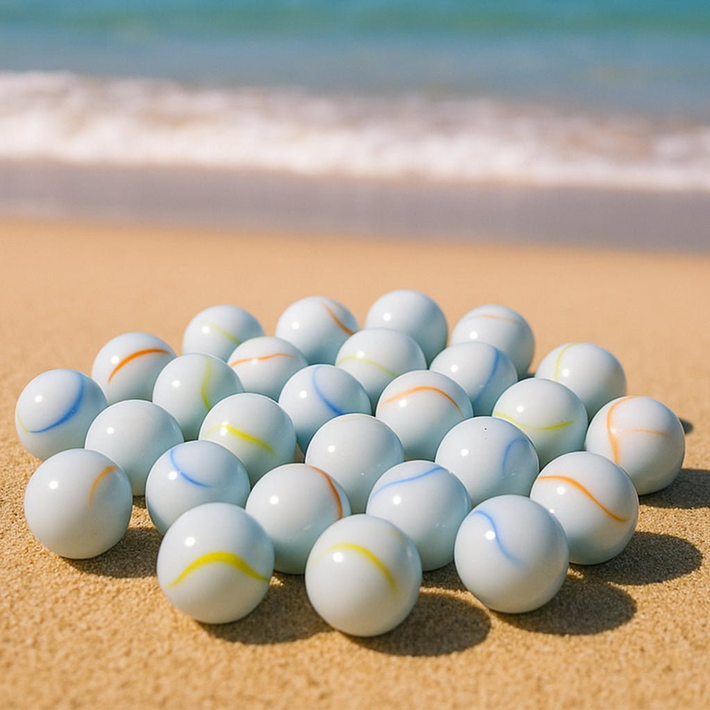 Detailed view of smooth, polished classic white glass marbles with vibrant swirls