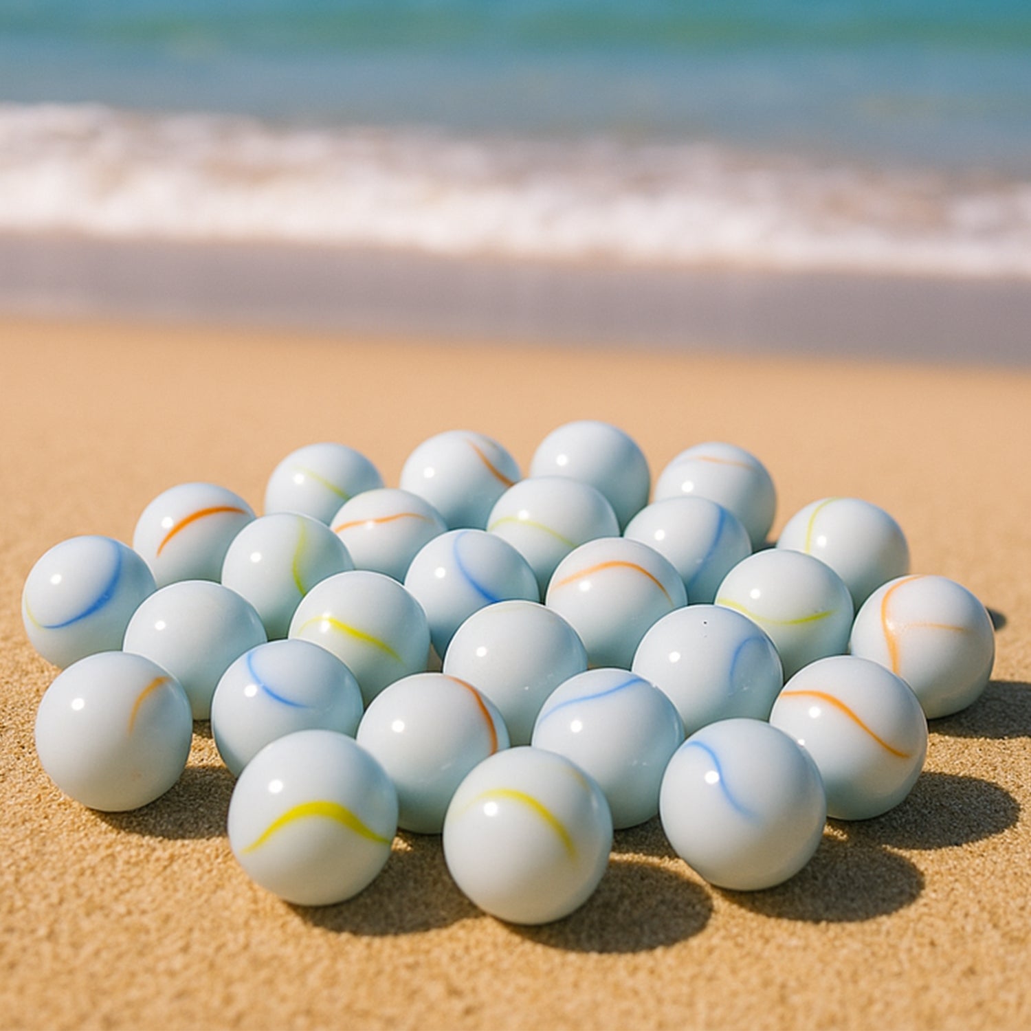Detailed view of smooth, polished classic white glass marbles with vibrant swirls