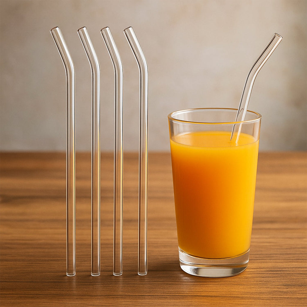 Pack of five reusable clear glass straws for environmentally conscious drinking
