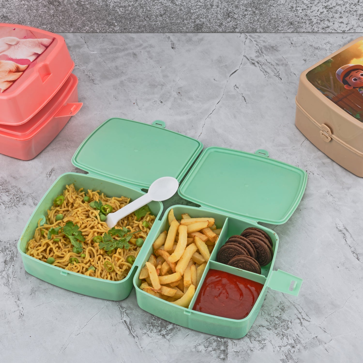 Side view of the Double Layer Lunch Box, highlighting its compact design and push lock system.