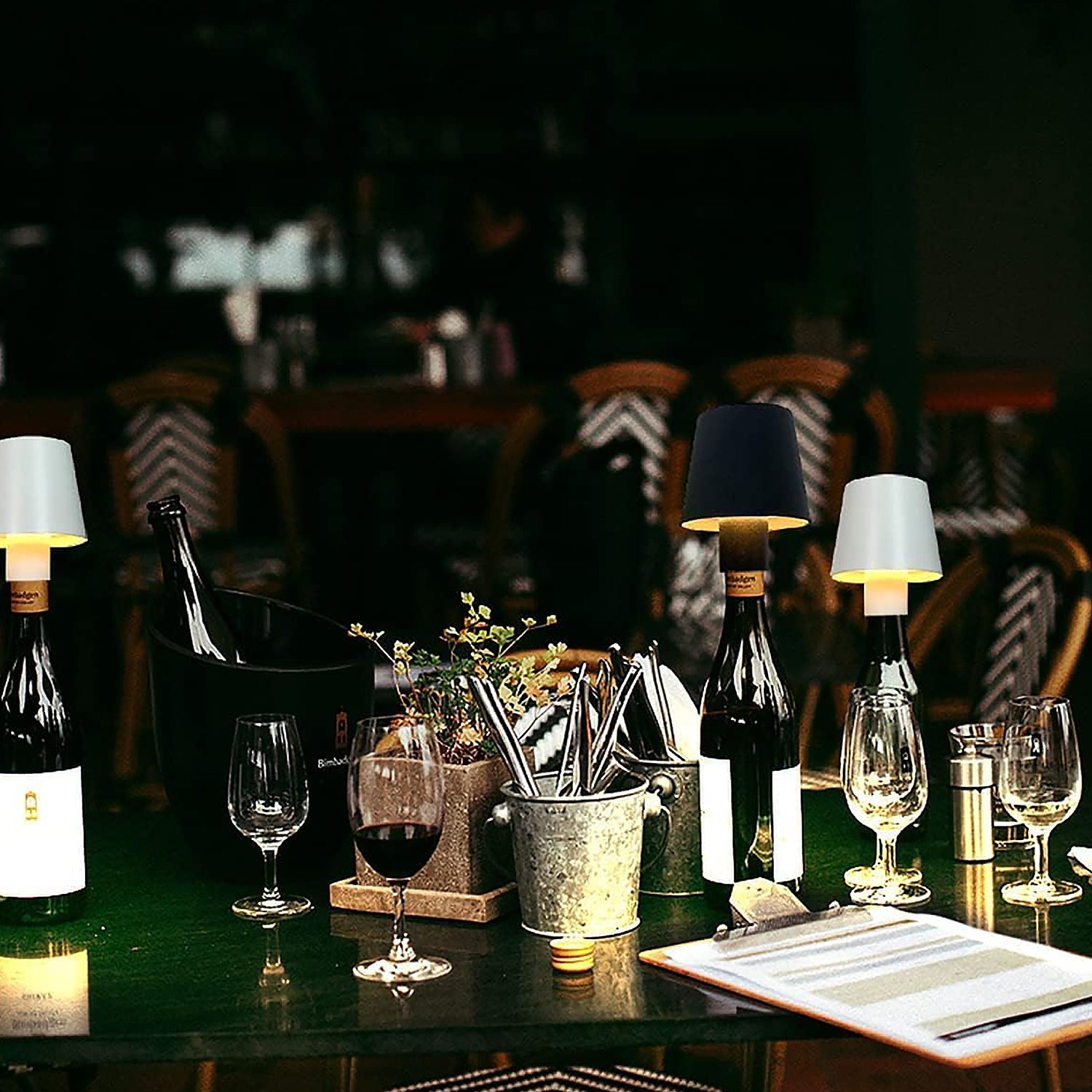 Side view of the elegant dimmable LED bottle lamp, highlighting its sleek design.