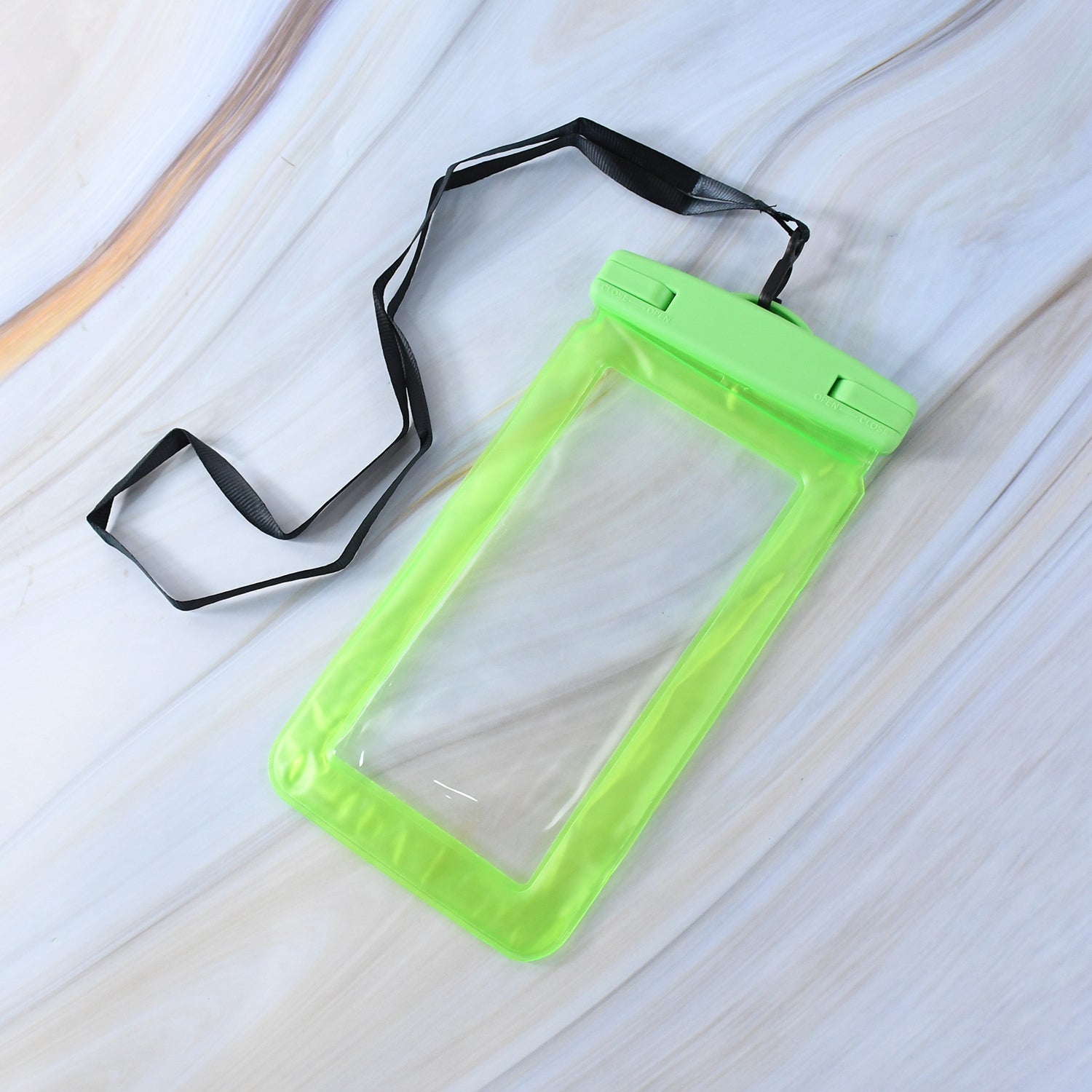 Close-up of the waterproof mobile cover's secure double-lock closure system.