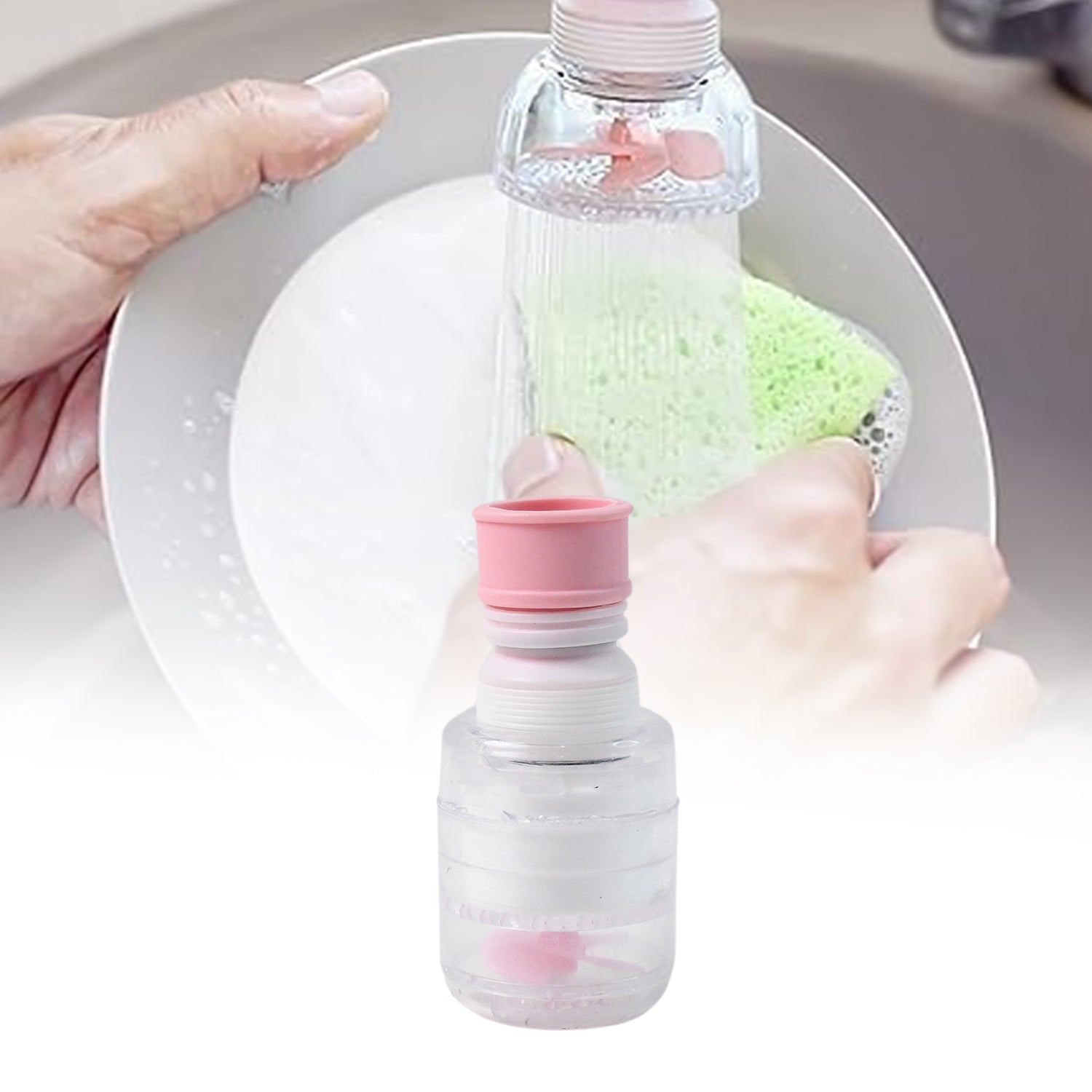 Smart stream faucet aid attached to tap illustrating splash reduction