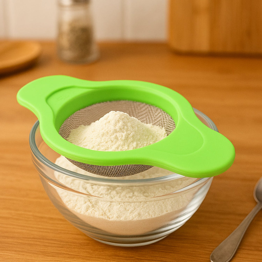 Side view of mesh strainer showing dual ergonomic handles