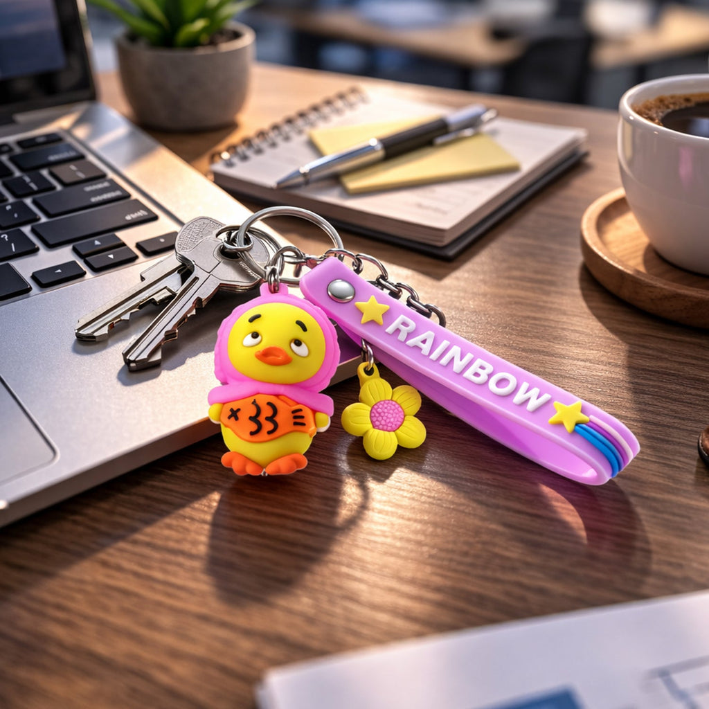 Rainbow silicone strap of the keychain hanging with vibrant colours and star accents