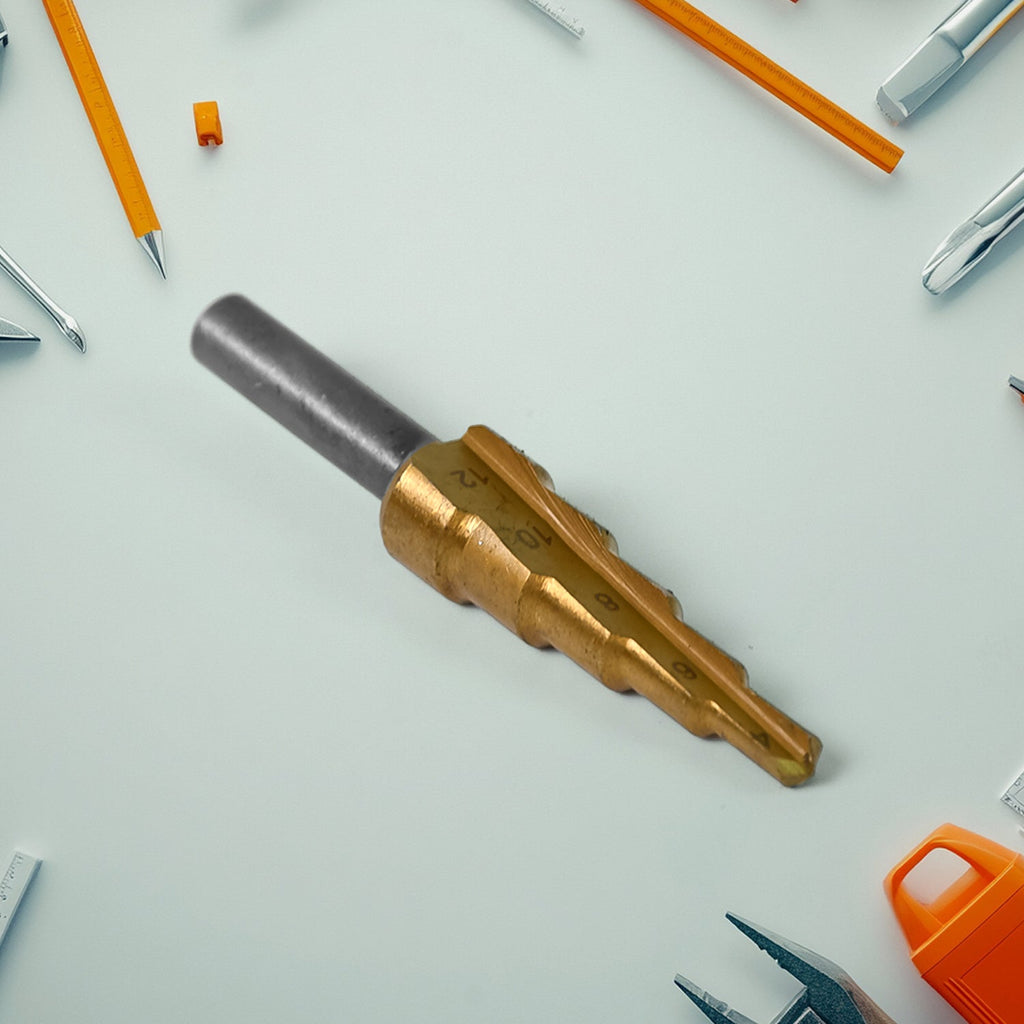 Reflective surface of the titanium-coated Step Drill Bit, highlighting its quality finish.