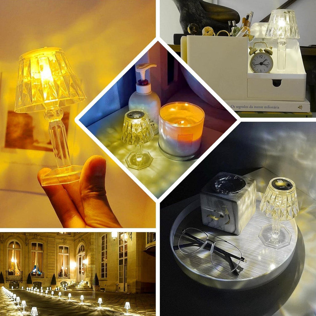 Detail shot of the clear acrylic and crystal design of the LED table lamp.