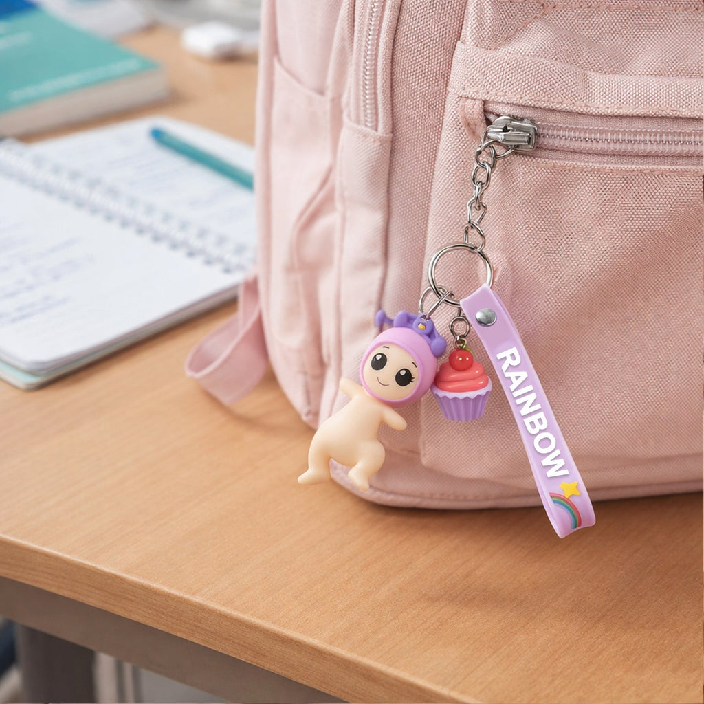 Close-up of doll charm on colourful rainbow strap keychain