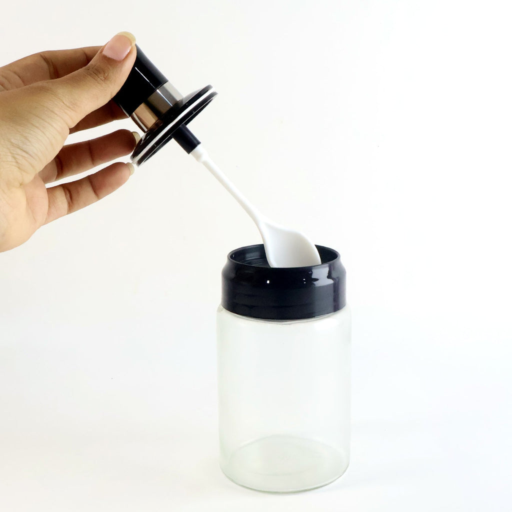 Clear spice jar set with airtight lids and built-in measuring spoons