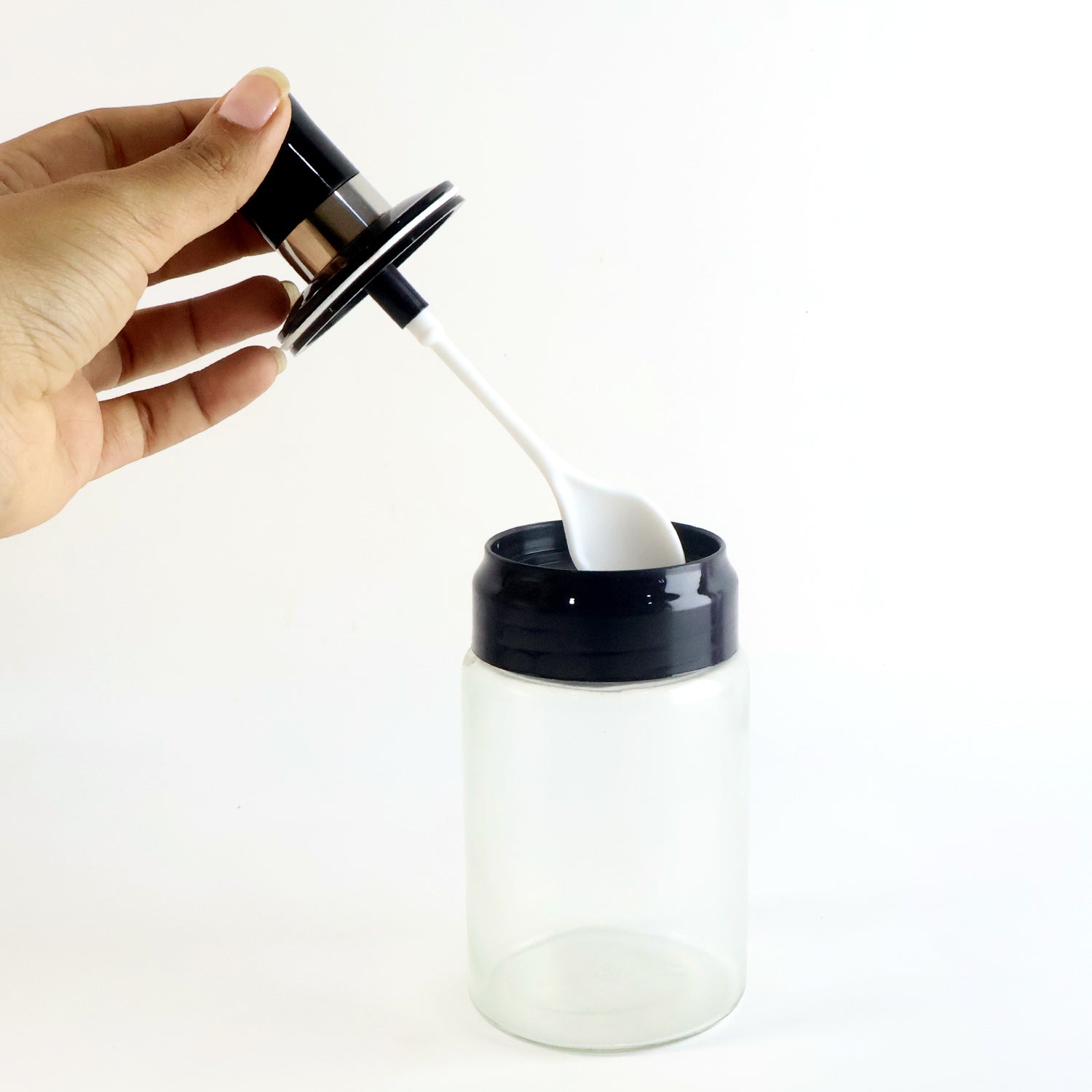 Clear spice jar set with airtight lids and built-in measuring spoons