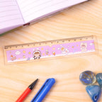 Close-up of kids plastic cartoon ruler with measurement scale visible