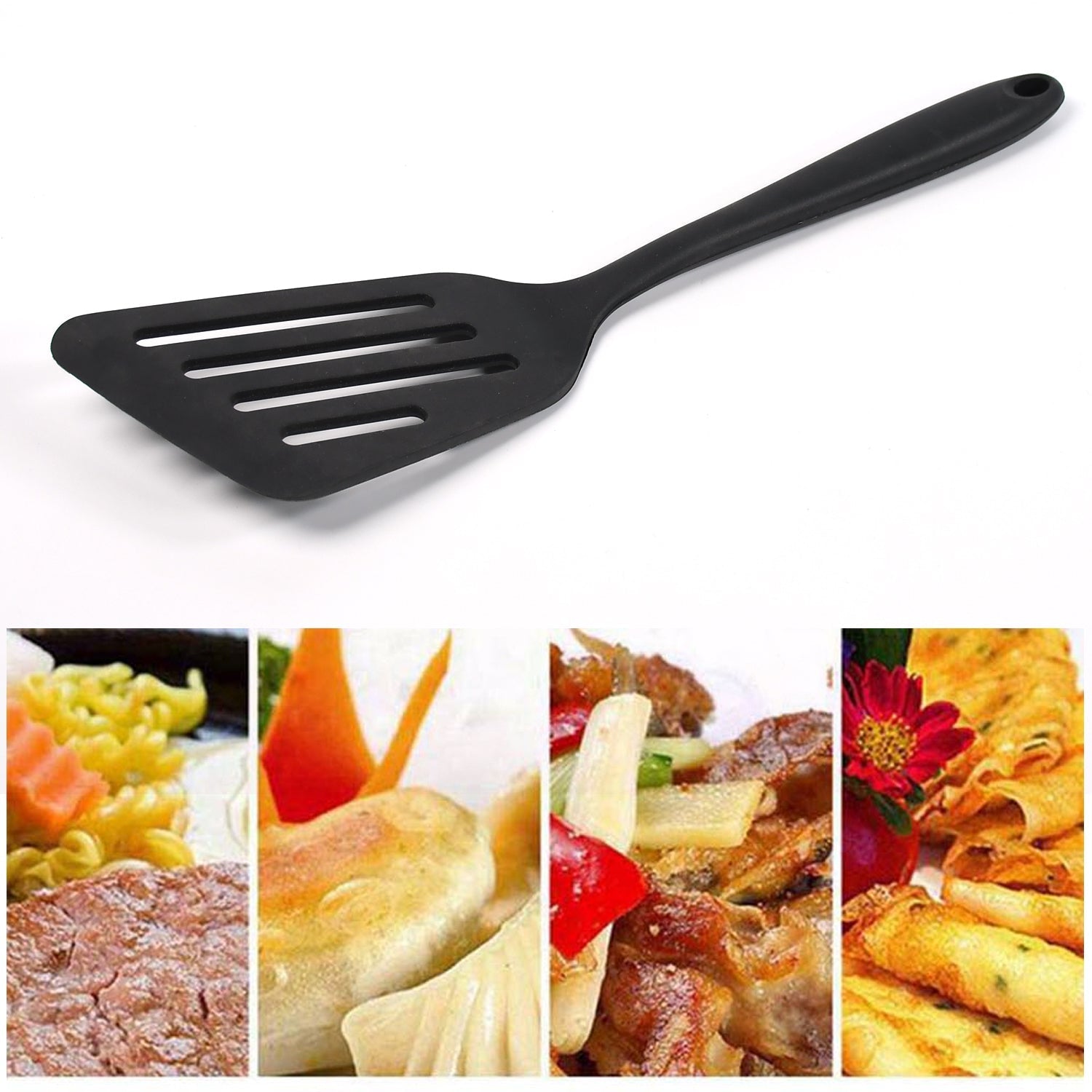 Non-stick silicone kitchen turner, ideal for delicate foods.