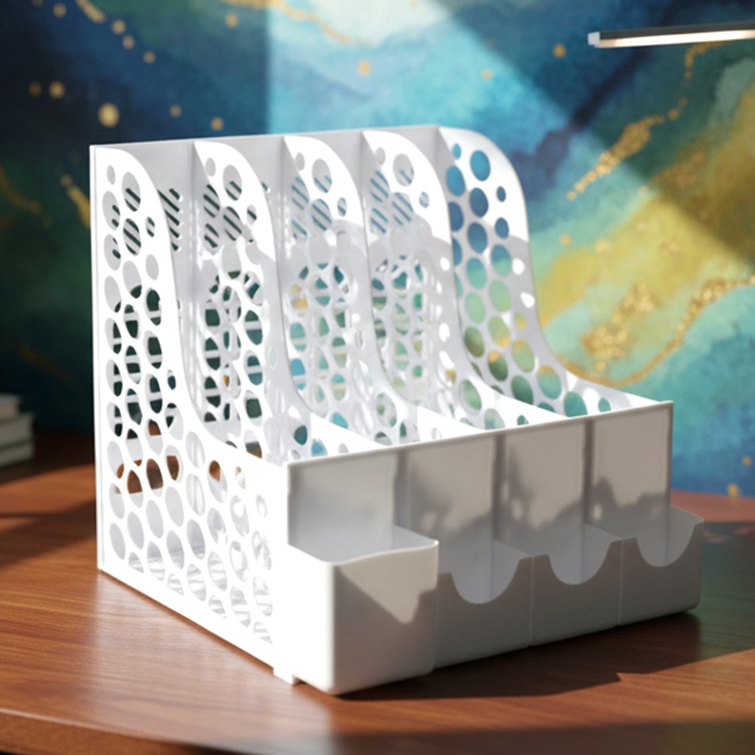 Desk organizer displaying clear organization of files, books and stationery.