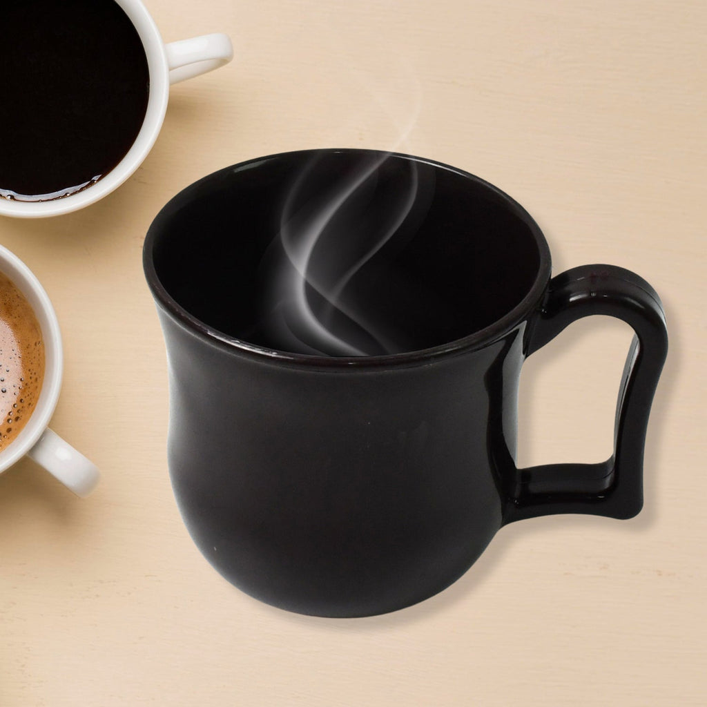 Side view of the reusable black plastic mug, ideal for hot and cold beverages.