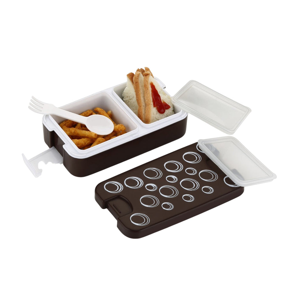 A complete 2-compartment lunch box shown with its included, convenient spoon.
