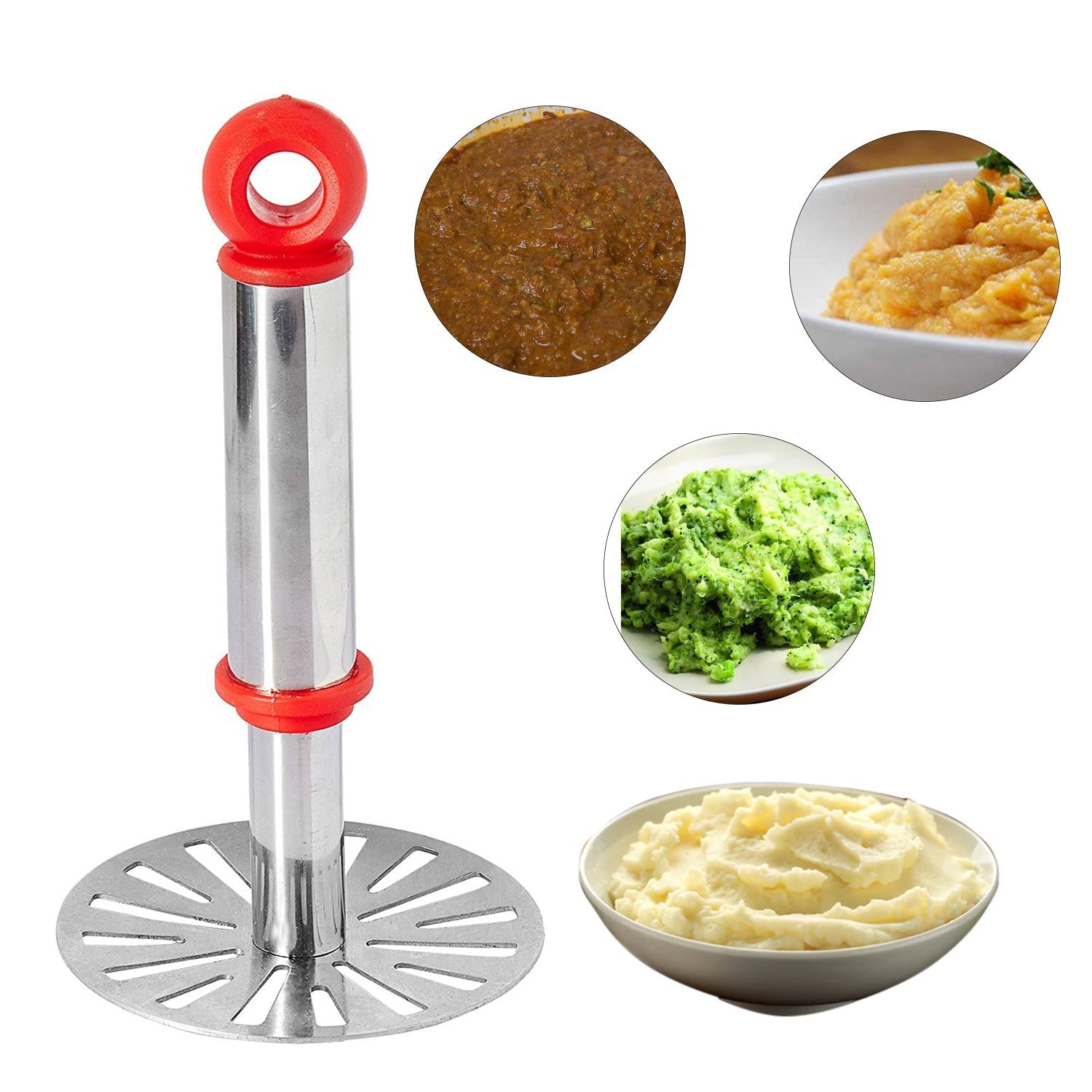 Ganesh stainless steel potato masher with a comfortable plastic handle.