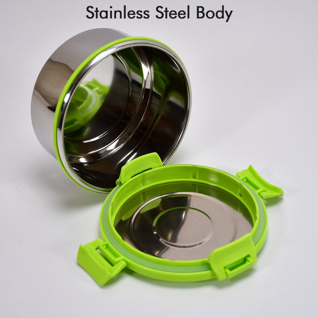 Side view of the airtight Ganesh stainless steel lunch box.