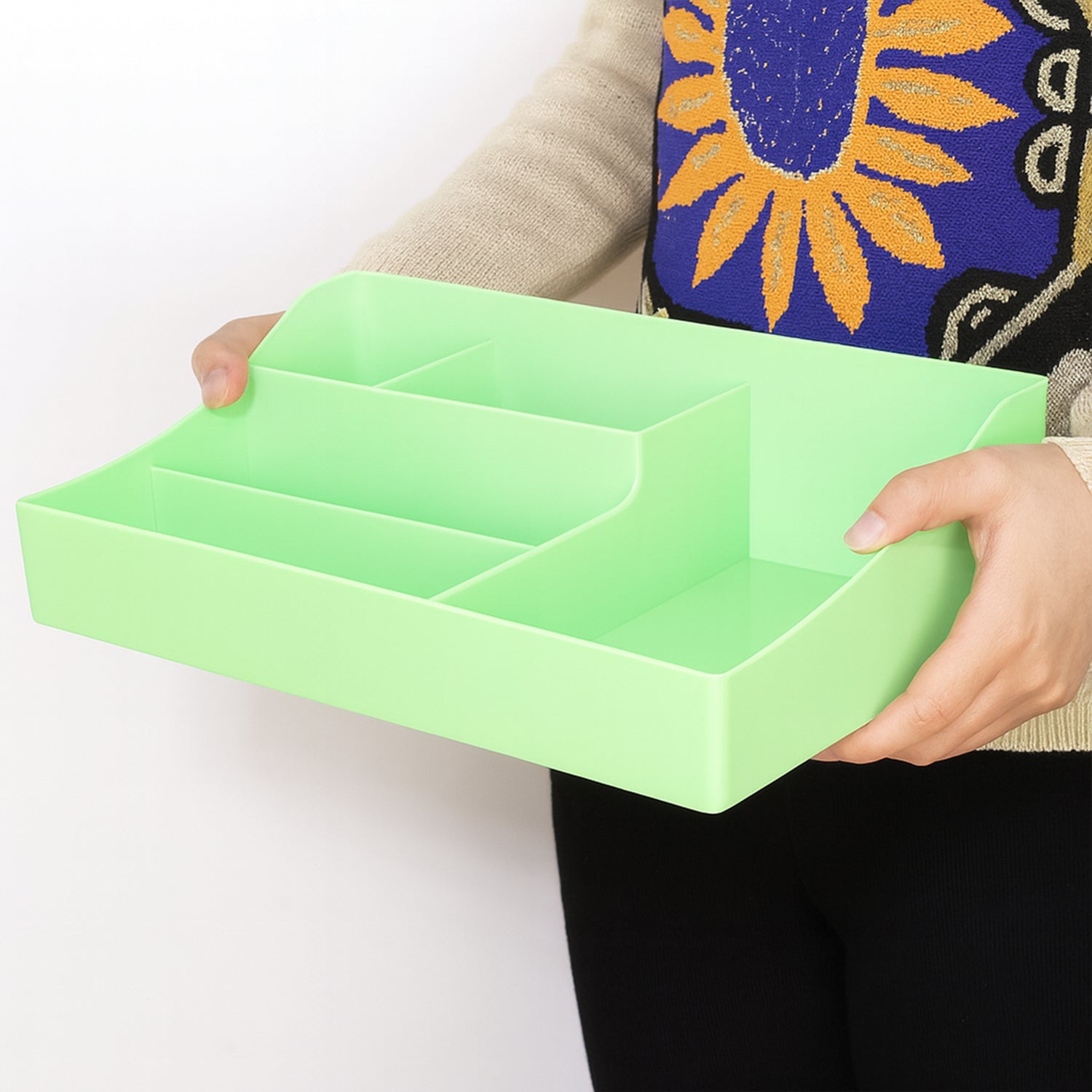 Desk organizer storage tray with multiple compartments in green plastic