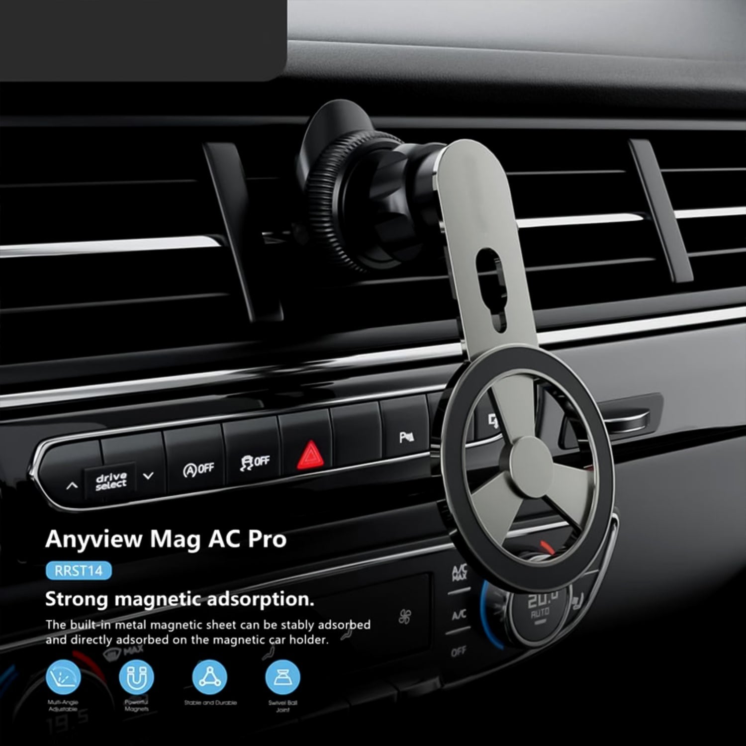 Close-up of the magnetic car phone mount's strong attachment to the air vent.